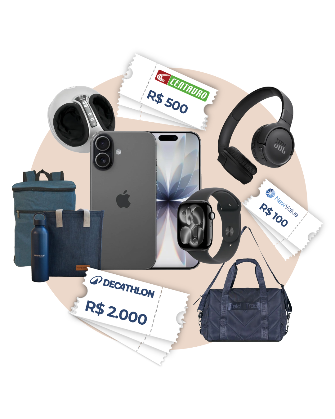 Prêmios do sorteio: iPhone, Apple Watch, fone JBL, vale-compras e mais